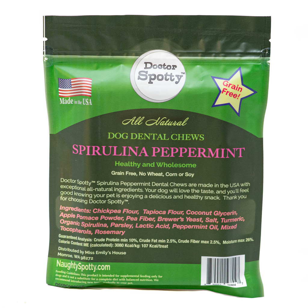 Doctor Spotty™ Peppermint Dental Sticks are made in the USA with the finest all-natural ingredients including spirulina, apples, turmeric, parsley and peppermint oil.