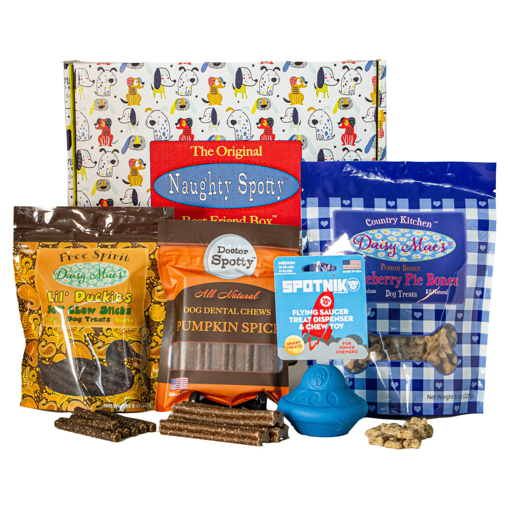 Naughty Spotty Premium Christmas Dog Gift Box, Collection, with Ufo Treat Dispenser, USA-Made Treats, and Dental Chews for SM