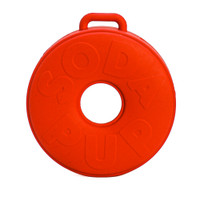 SodaPup® Life Preserver Shaped Dispenser for medium dogs is shaped like a red life preserver and has an opening for stuffing treats.