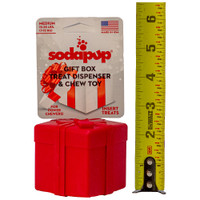 SodaPup® Red Gift Shaped Treat Dispenser Toys are made in the USA from a non-toxic, FDA-compliant, BPA and phthalate free rubber material and measure 2.5" x 2.5".