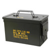 Used steel 50 caliber ammo box with a secure latch and yellow text
