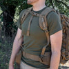 The front of the FILBE backpack in coyote showing the shoulder straps and how they fit