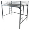 An industrial matte black twin-size metal loft bed frame with integrated climbing rungs and top-tier security rails.