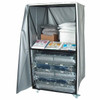 A gray medical-grade special needs cot cart with an open washable vinyl cover with Velcro with equipment inside.