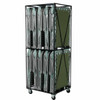 An industrial steel XM-3 rolling transport cart vertically stacked with ten folded, heavy-duty medical cots equipped with green fluid-resistant patient slings.