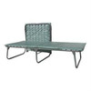 Open gray metal cot with a thin mattress