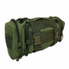 Empty tactical rapid response bag in military green with multiple zippered compartments, internal organizers, and a detachable shoulder strap.