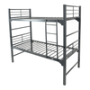 An industrial silver Twin XL over Twin XL metal bunk bed set highlighting built-in steel climbing rungs, full-length upper security rails, and a supportive steel deck.