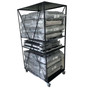 A black industrial rolling storage cart holding eight folded emergency medical cots in plastic wrap