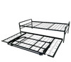 A black metal daybed frame with its extended pop-up steel trundle unit