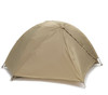 A lightweight solo military combat tent in khaki set up