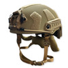 Front of the helmet showing the metal front mount compatible with NVG shrouds with added security straps