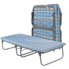 A fully deployed XK-5 extra-wide and long military-style folding steel cot with an integrated blue striped high-density foam mattress pad