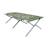 An open extra-wide gray steel folding cot equipped with an sewn-in camo foam mattress pad, resting on high-stability metal legs.