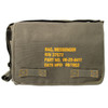 Heavyweight Canvas Classic Messenger Bag With Military Stencil in olive showing the military inspired bag’s details printed in stark, gold lettering