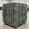 A full pallet of 50 CAL metal ammo cans stacked and secured for bulk storage or transport.