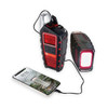 The red and grey Eton American Red Cross Odyssey emergency radio highlighting its digital display, integrated flashlight, and rear hand-crank generator.