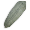 A vintage olive drab green cotton US military M-1945 mummy-style sleeping bag cover displayed at an angle on a white background, showing its durable front snap closure.