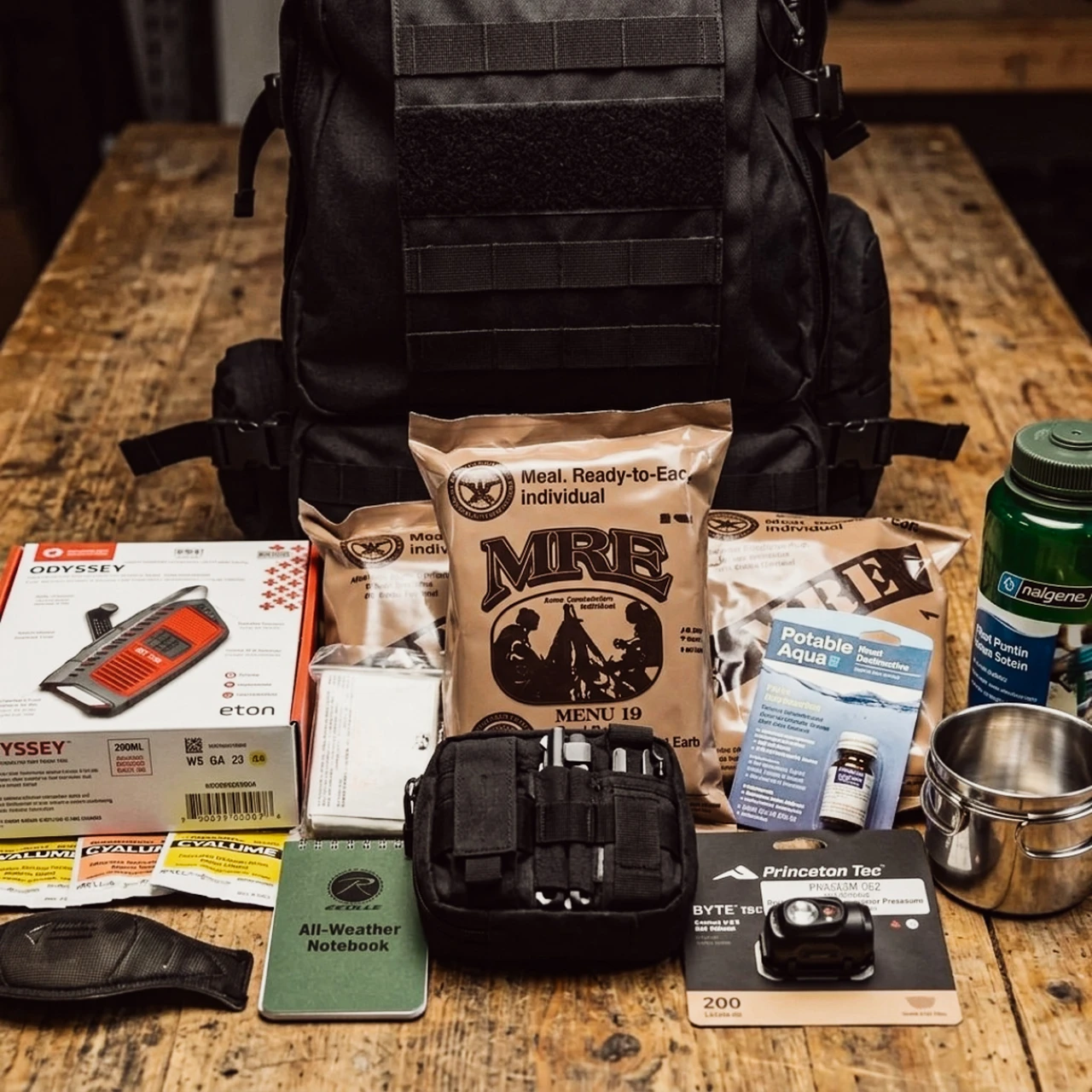 Emergency kit laid out on a wooden table: MRE, first aid kit, headlamp, water bottle and backpack