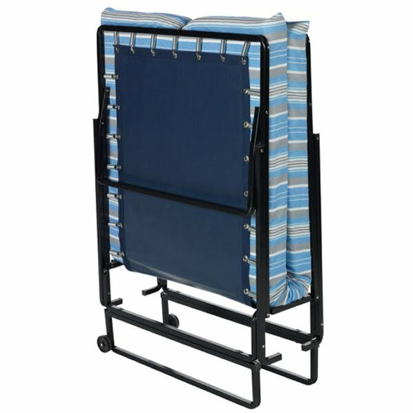 An folded black metal roll-a-way folding bed featuring a foam mattress pad, supported by sturdy stabilizer legs.