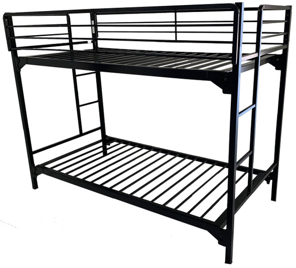 A minimalist black steel twin bunk bed frame optimized for small spaces, showcasing its space-saving flush end-panel ladder and sturdy steel slat platform.