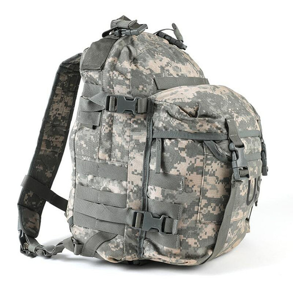 The side of the U.S. Army Issue ACU Assault 3 Day Backpack showing the MOLLE webbing on the side The side of the U.S. Army Issue ACU Assault 3 Day Backpack showing the MOLLE webbing on the side