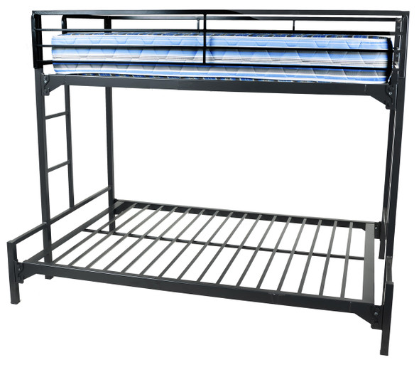 Minimalist matte black steel twin-over-full bunk bed frame, highlighting the durable built-in ladder and rigid supportive slat system.