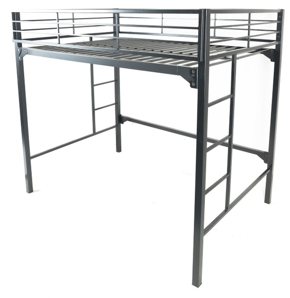An industrial matte black twin-size metal loft bed frame with integrated climbing rungs and top-tier security rails.