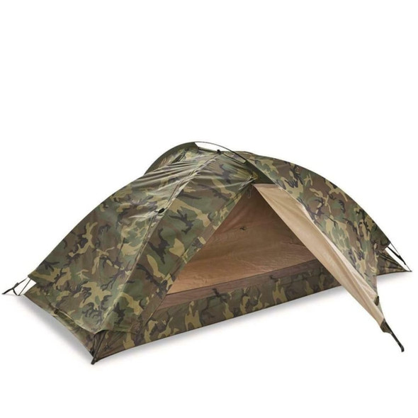 Military Combat One Person Tent (TCOP) in the color woodland camo with the zipper opened showing the inside of the tent Military Combat One Person Tent (TCOP) in the color woodland camo with the zipper opened showing the inside of the tent