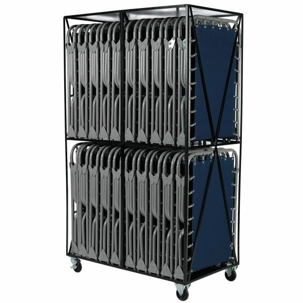 An industrial multi-shelf steel rolling cart filled vertically with 20 folded gray steel economy emergency cots, shown with its protective vinyl cover.