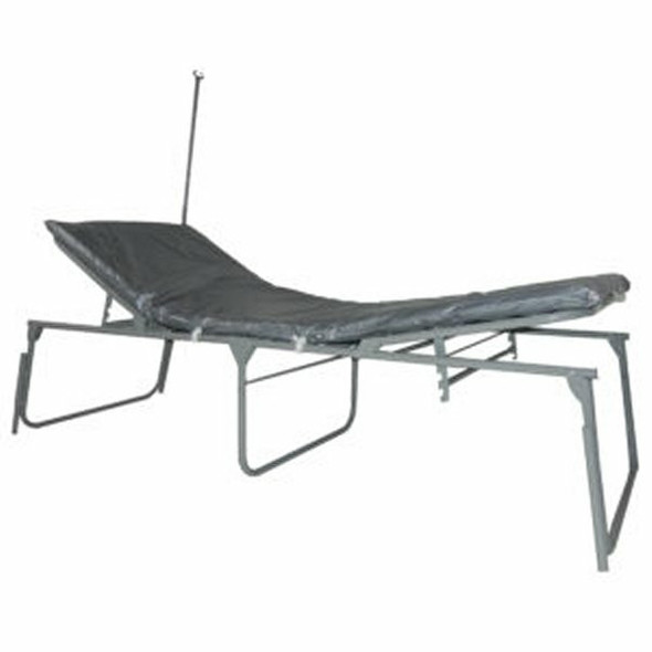 A gray medical-grade special needs cot with an adjustable propped-up headrest, an elevated leg section, a gray vinyl mattress, and an attached silver IV pole.