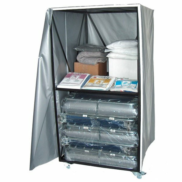A gray medical-grade special needs cot cart with an open washable vinyl cover with Velcro with equipment inside.