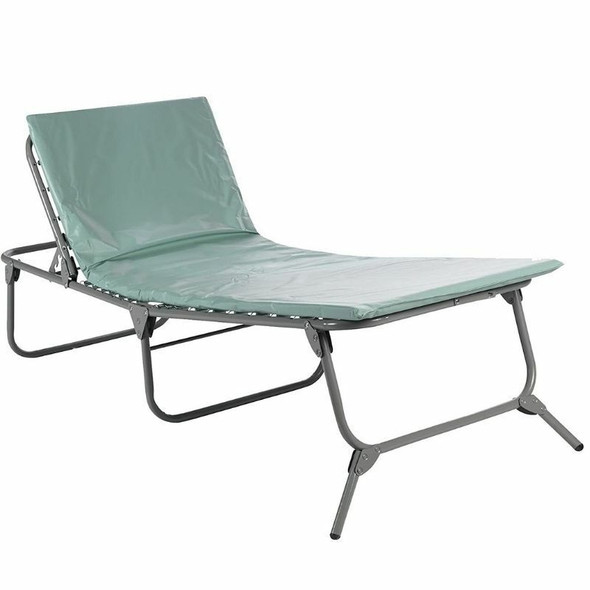 An industrial steel heavy-duty medical cot equipped with green fluid-resistant patient sling