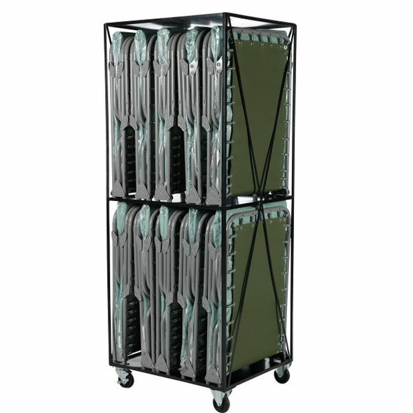 An industrial steel XM-3 rolling transport cart vertically stacked with ten folded, heavy-duty medical cots equipped with green fluid-resistant patient slings.