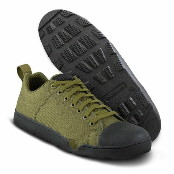 Olive Drab Altama Maritime Assault Low tactical shoes featuring a "fin-friendly" design, drainage ports, and high-traction SEAL Rubber outsoles.