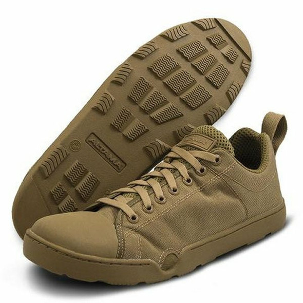 Coyote tan GSA-compliant Altama Maritime Assault Low tactical shoes featuring a low-profile design, drainage ports, and high-traction SEAL Rubber outsoles.  