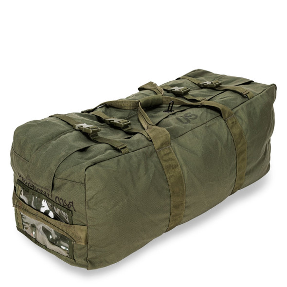 U.S. Issue Enhanced Nylon Duffle Bag in the color olive. U.S. Issue Enhanced Nylon Duffle Bag in the color olive.