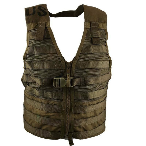 Used Coyote Brown Molle II Fighting Load Carrier vest featuring adjustable mesh and modular attachment webbing