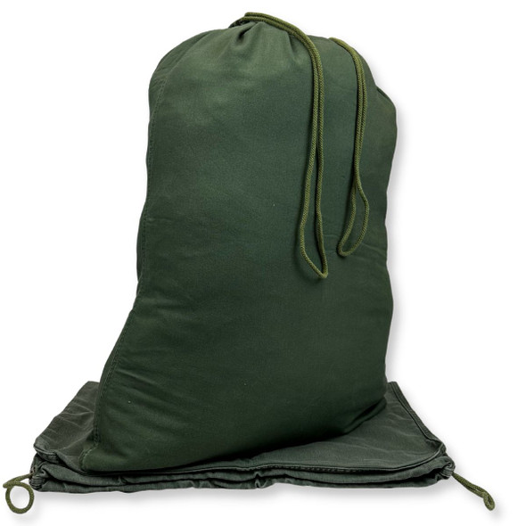 2 Pack Army Issue Laundry bag in the color olive sitting up with stings going down the front 2 Pack Army Issue Laundry bag in the color olive sitting up with stings going down the front