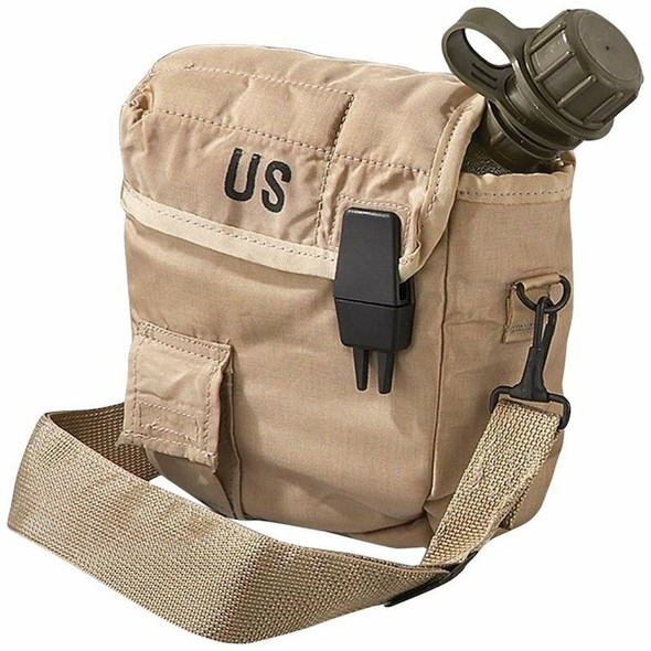2 quart military gi issue canteen with a desert cover on the outside and carry strap. 