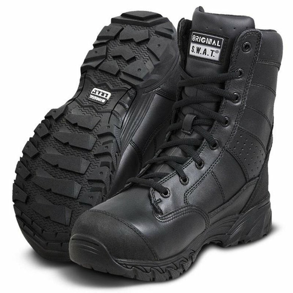 Black 9 inch waterproof tactical boots with polishable leather toe and aggressive slip-resistant tread.