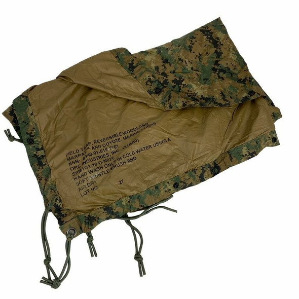 USMC Issue MARPAT Wet Weather Tarp, Used showing the product identification tag USMC Issue MARPAT Wet Weather Tarp, Used showing the product identification tag