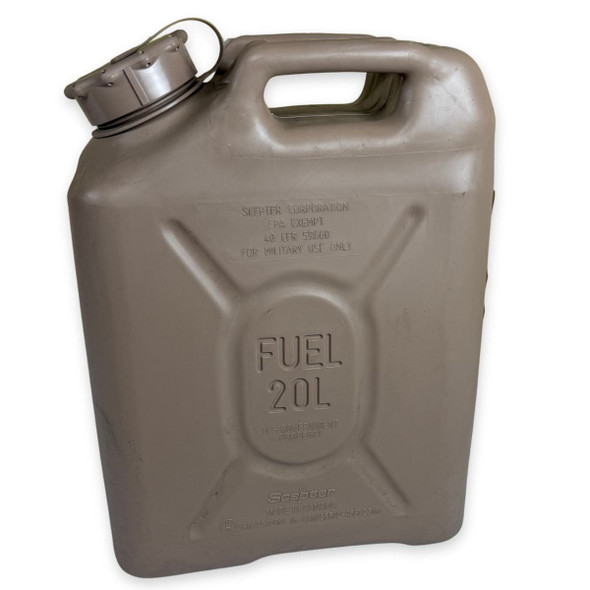 New Military 5 Gallon Fuel Can in tan color facing left New Military 5 Gallon Fuel Can in tan color facing left