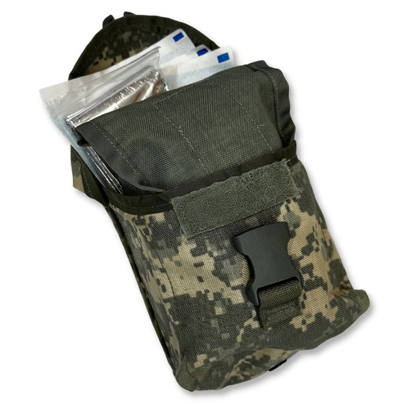 Front of the first aid pouch showing the ACU patter and buckle Front of the first aid pouch showing the ACU patter and buckle