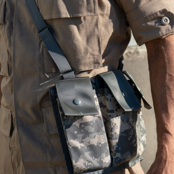 Close up of the U.S. Issue ACU 6 Magazine Bandoleer Pouch and the carrying strap