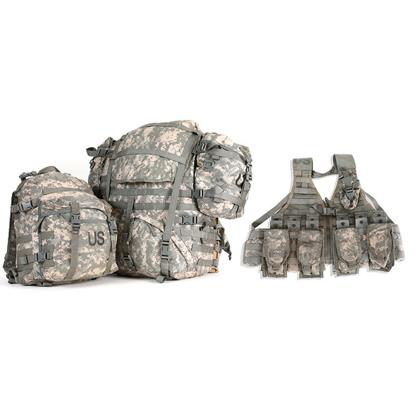 The ACU rucksack with the FLC vest, 2 sustainment pouches, MOLLE pouches, and the 3 day assault pack The ACU rucksack with the FLC vest, 2 sustainment pouches, MOLLE pouches, and the 3 day assault pack