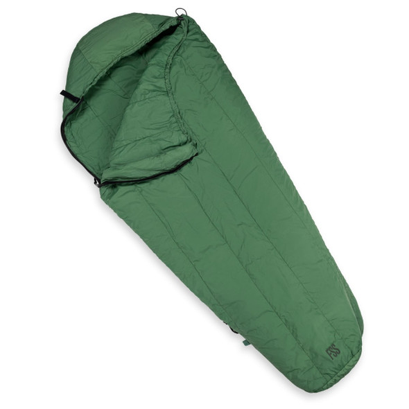 U.S.F.S Issue Cold Weather Mummy Sleeping Bag in the color green completely unfolded U.S.F.S Issue Cold Weather Mummy Sleeping Bag in the color green completely unfolded
