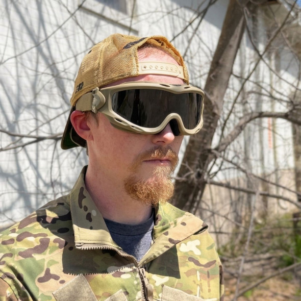 Wiley X Spear Military Issue Goggle on a man while wearing a baseball head backwards