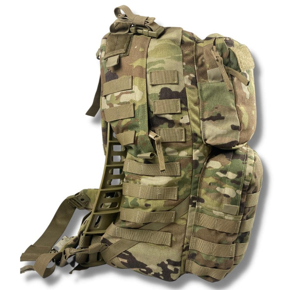 Side of the U.S. Issue MOLLE II Medium Rucksack with Frame in the color MultiCam , showing the MOLLE webbing and part of the frame Side of the U.S. Issue MOLLE II Medium Rucksack with Frame in the color MultiCam , showing the MOLLE webbing and part of the frame