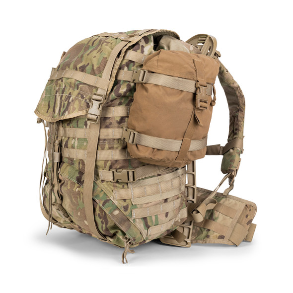 MultiCam OCP MOLLE II Rucksack, Used showing the coyote sustainment pouch connected to the side. MultiCam OCP MOLLE II Rucksack, Used showing the coyote sustainment pouch connected to the side.